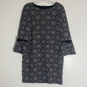 Tiana B. Dress Womens 10 Black Geometric Jacquard Knit Bell Sleeve Bow Shift